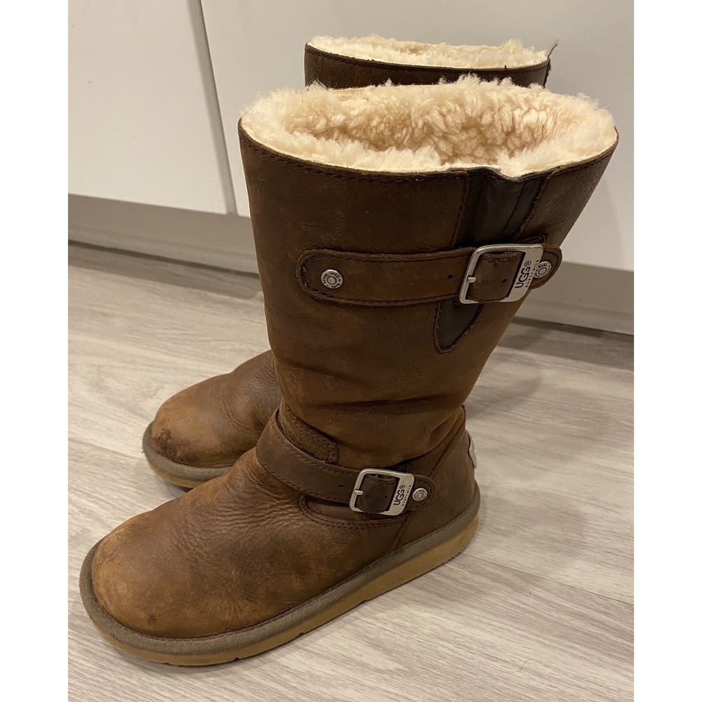UGG Australia Kensington 5678 Brown Leather Shearling Lined Moto Boots Women's 6